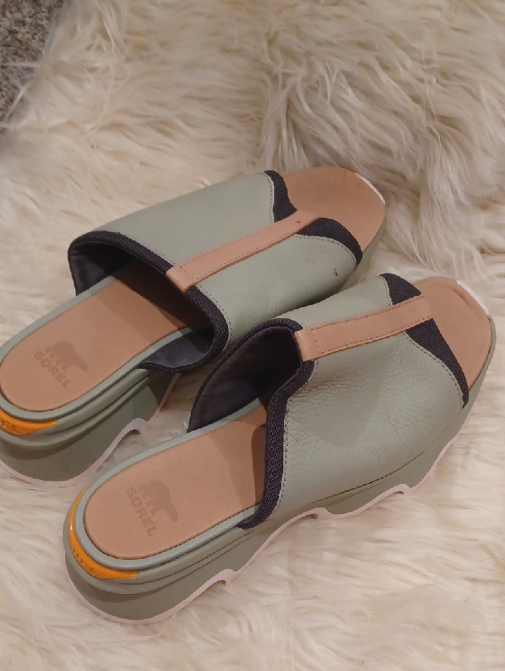 SOREL Sage Green and Tan Slip-On Platform Clogs